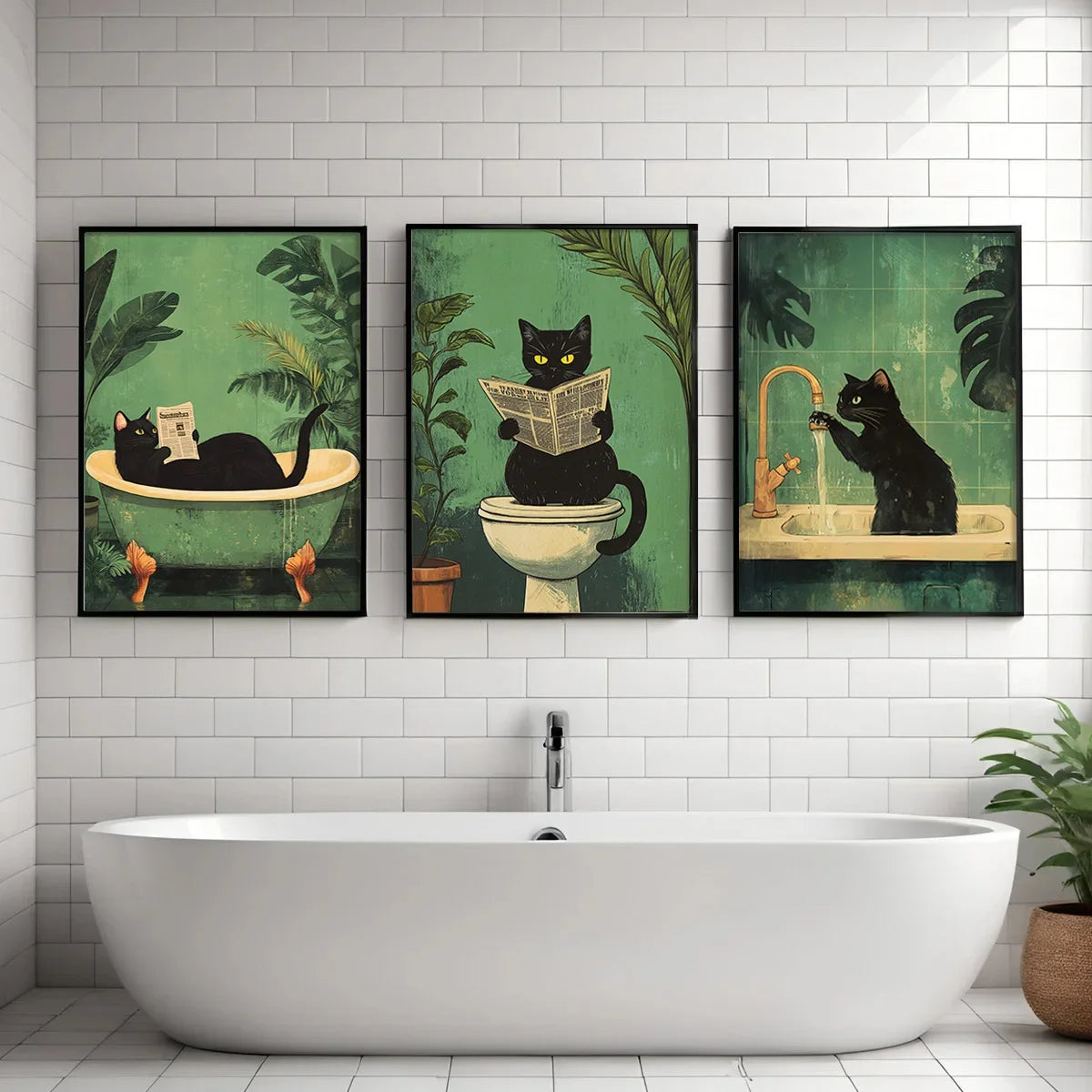 Black Puss in Bathroom Canvas Art