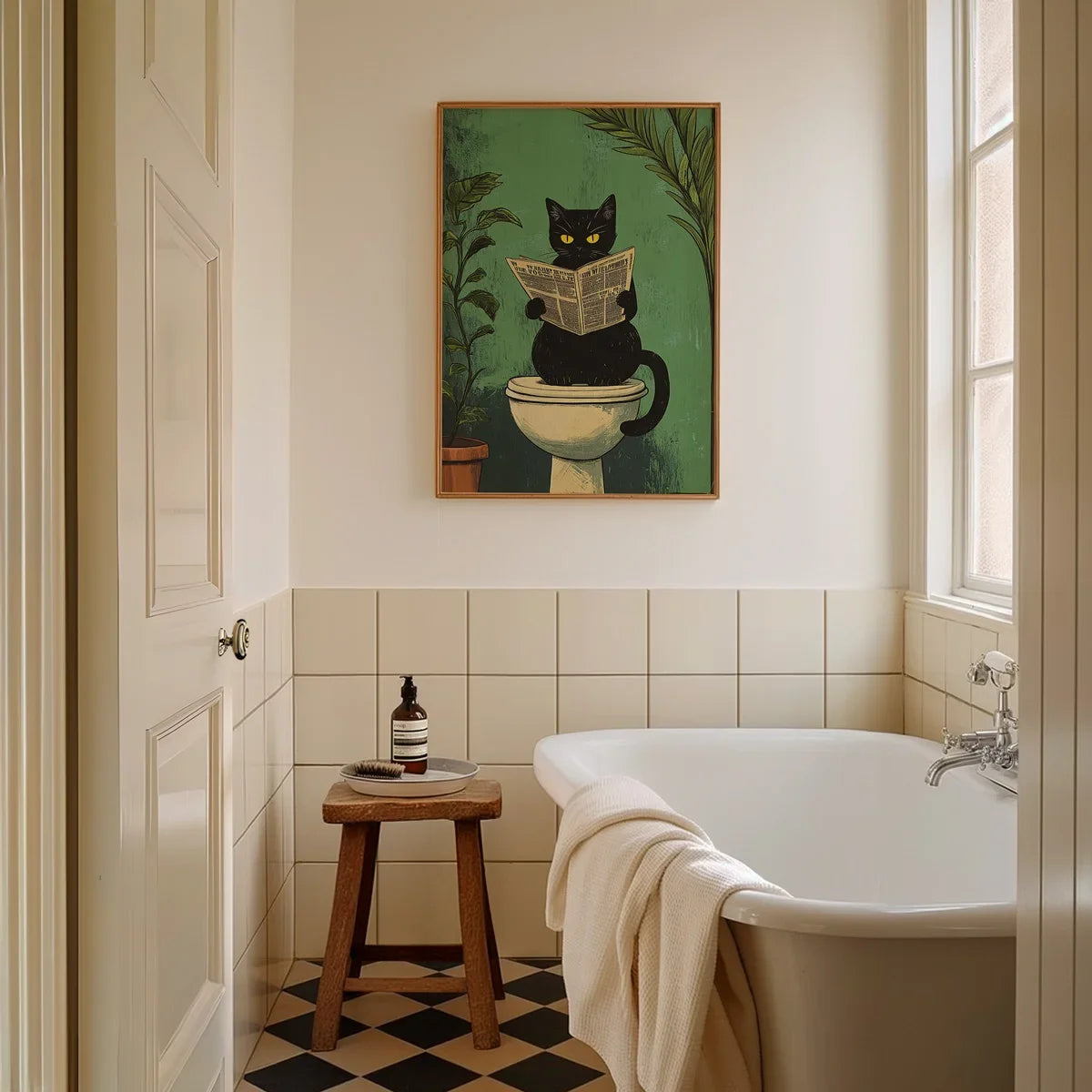 Black Puss in Bathroom Canvas Art